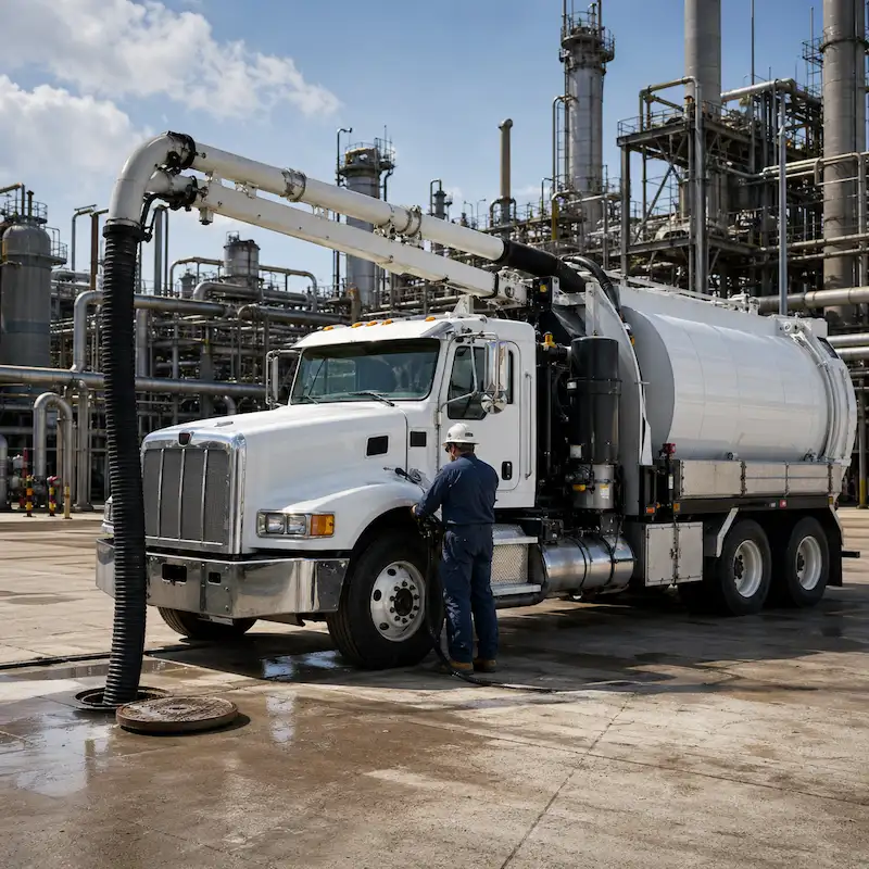 Camión vactor industrial operando en patio de planta en Puebla