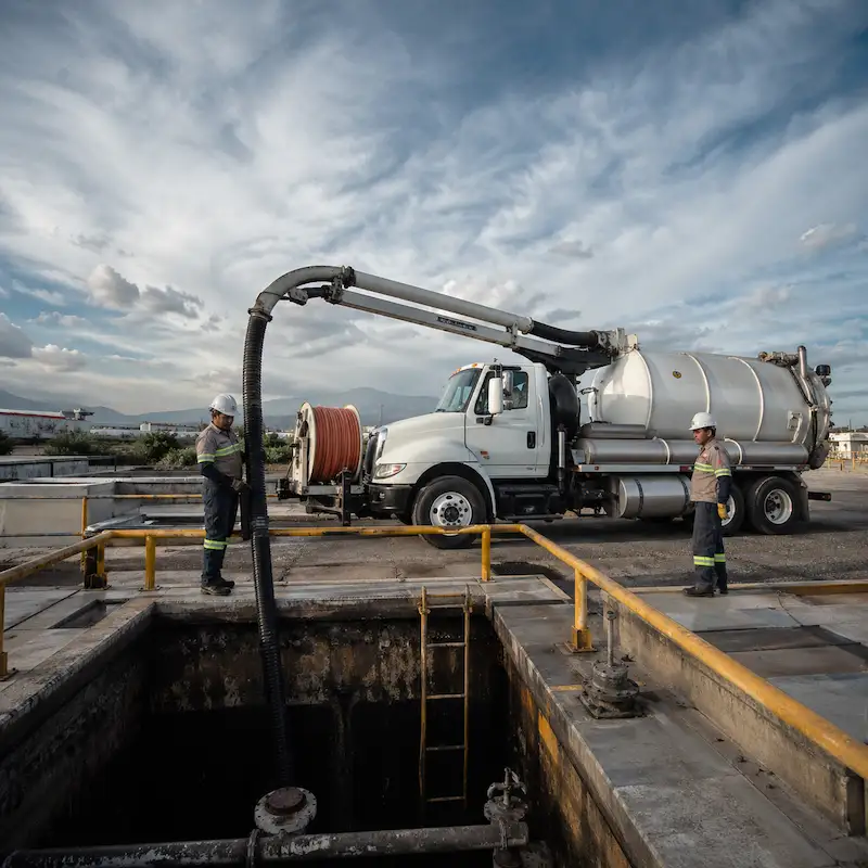 Cárcamo de bombeo industrial con bombas y succión vactor